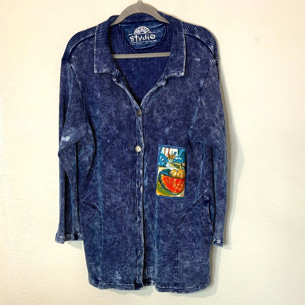 Produce Studios Blue White Button Shirt Jacket Shacket Shirt XL.